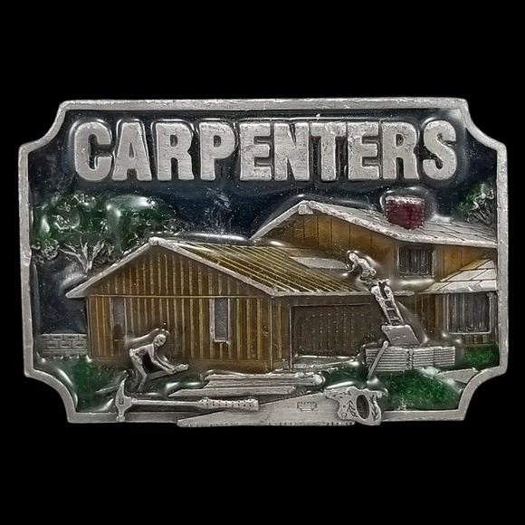 Vintage Carpenters Belt Buckle F-80 Made in USA Pewter‎ Novelty Construction